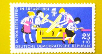 Issue:         Germany Pioneer Meeting in Erfurt Workshop Activities 1961 Stamp Type:        Stamp Number of Stamps:           1 Denominations:             25 + 10 PF, Issue Date:           1961 Issued By:       Germany Deutsche Post ( Deutschland ) 