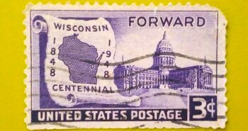 Issue:       United States Wisconsin Centennial 1948 Stamp Type:      Stamp Number of Stamps:       1 Stamps Denomination:         3 C, Issue Date:        1948 Issued By:       United States Postal Service (USPS) 