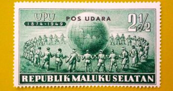 Issue:      Republic Maluku Selatan Indonesia 1874 1949 Green Stamp Type:     Stamp Number of Stamps:      1 Stamps Denomination:        2 1/2 Issue Date:        1949 Issued By:    Indonesia post 