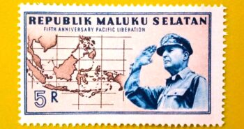 Issue:      Republic of South Maluku Selatan 5th Anniversary Pacific Liberation 5R Stamp Type:     Stamp Number of Stamps:      1 Stamps Denomination:        5 R, Issue Date:        1951 Issued By:    Indonesia post 