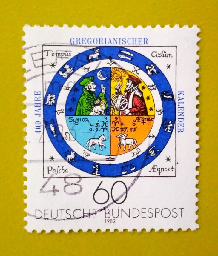 Issue:        Germany 400 Years Gregorian Calendar 1982 Stamp Type:        Stamp Number of Stamps:            7 Denominations:            60  PF , Issue Date:             1982 Issued By:        Germany Deutsche Post ( Deutschland )