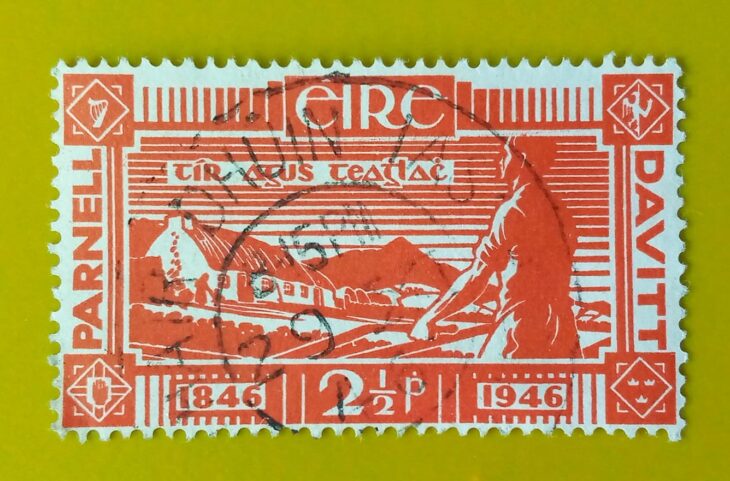 Issue:        Ireland Parnell and Davitt 1946 Stamp Type:        Stamp Number of Stamps:         1 Stamps Denomination:         2  1/2  P, Issue Date:         1946 Issued By:        Ireland Post 