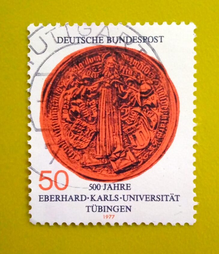 Issue:        Germany 500th Anniversary of the University of Tübingen 1977 Stamp Type:        Stamp Number of Stamps:            4 Denominations:            50  PF , Issue Date:             1977 Issued By:        Germany Deutsche Post ( Deutschland ) 