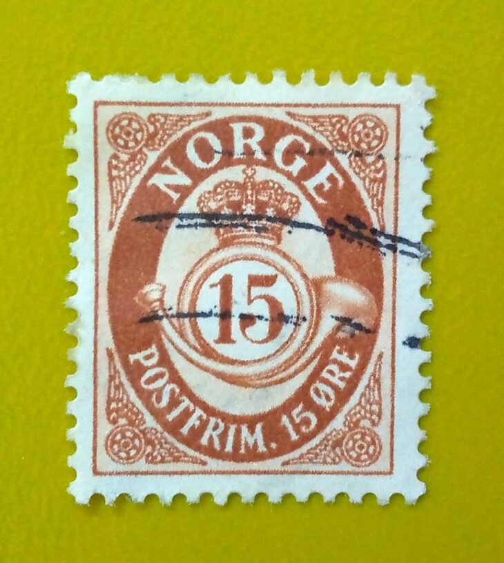 Issue:       Norway 15 Øre Brown Stamp Type:       Stamp Number of Stamps:        1 Denominations:           15 Øre , Issue Date:             1907 Issued By:       Norway Post 