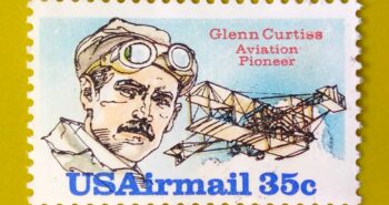 Issue:      United States Glenn Curtiss Aviation Pioneer 1980 Stamp Type:      Stamp Number of Stamps:       1 Stamps Denomination:       35 C,  Issue Date:       1980 Issued By:       United States Postal Service (USPS)