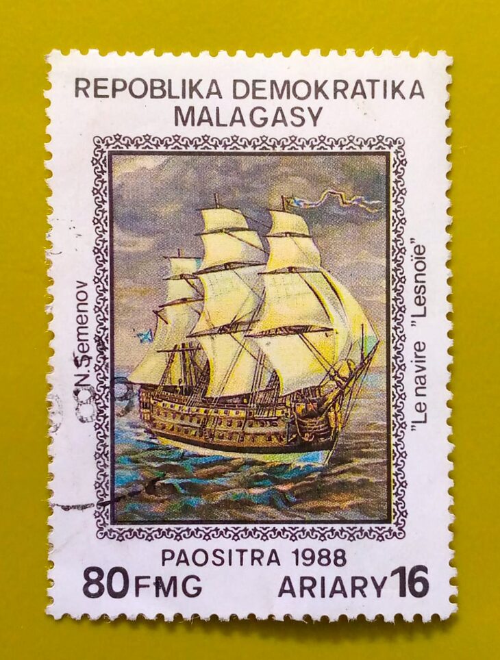 Issue:        Republic of Madagascar the Ship Lesnoye 1988 Stamp Type:         Stamp Number of Stamps:         2 Denominations:           80 FMG, Issue Date:           1988 Issued By:       Madagascar Post 