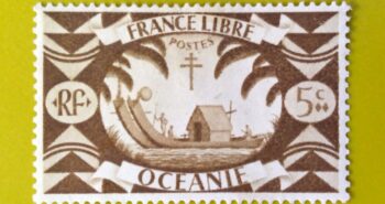 Issue:     France Polynesia Free France Oceania 1942 Stamp Type:     Stamp Number of Stamps:       2 Denominations:        5C, Issue Date:        1942 Issued By:     France post 