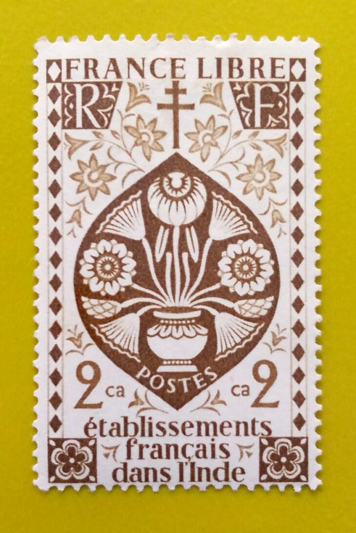 Issue:      France Libre French Establishments in India Lotus Flower 2ca Stamp Type:     Stamp Number of Stamps:       1 Denominations:          2 ca, Issue Date:         1942 Issued By:     France post 