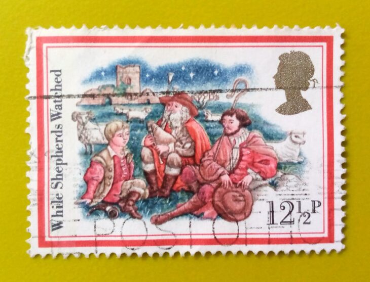 Issue:       UK  While Shepherds Watched 1982 Stamp Type:       Stamp Number of Stamps:        1 Stamps Denomination:        12  1/2 P, Issue Date:         1982 Issued By:       Royal Mail, United Kingdom 