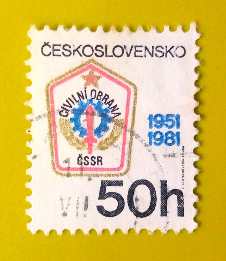 Issue:      Czechoslovakia Civil Defense 1981 Stamp Type:      Stamp Number of Stamps:        1 Stamps Denomination:      50 h, Issue Date:        1981 Issued By:       Czechoslovakia Postal Service (USPS) 
