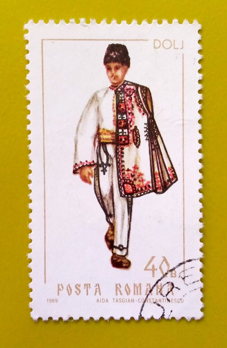 Issue:       Romania Man Costume Dolj 1969 Stamp Type:        Stamp Number of Stamps:         1 Stamps Denomination:       40 B, Issue Date:          1969 Issued By:      Romania Post