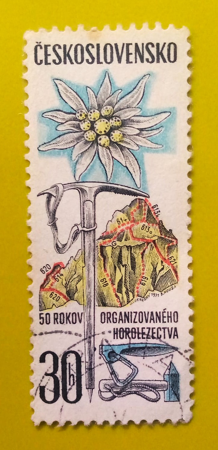 Issue:    Czechoslovakia 50 Years Organized Mountain Climbing Stamp Type:    Stamp Number of Stamps:       1 Stamps Denomination:       30h, Issue Date:       1971 Issued By:      Czechoslovakia Postal Service (USPS) 
