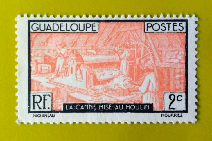 Issue:     France Guadeloupe Sugar Mill 1928 2c Stamp Type:      Stamp Number of Stamps:       1 Denominations:         2C, Issue Date:        1928 Issued By:     France post 
