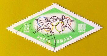 Issue:       Romania Summer Olympics Fencing 1964 Stamp Type:        Stamp Number of Stamps:         1 Stamps Denomination:        55 Bani, Issue Date:       1964 Issued By:      Romania Post 