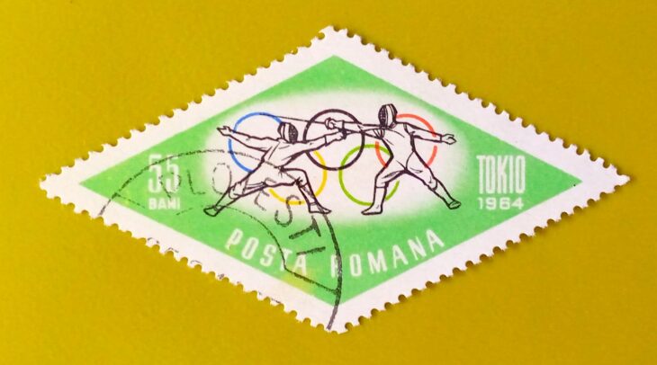 Issue:       Romania Summer Olympics Fencing 1964 Stamp Type:        Stamp Number of Stamps:         1 Stamps Denomination:        55 Bani, Issue Date:       1964 Issued By:      Romania Post 