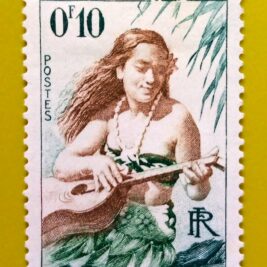 Issue:      France Polynesian Girl Playing Guitar 1958 Stamp Type:      Stamp Number of Stamps:        1 Denominations:          0.10 F, Issue Date:         1958 Issued By:     France post 
