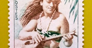 Issue:      France Polynesian Girl Playing Guitar 1958 Stamp Type:      Stamp Number of Stamps:        1 Denominations:          0.10 F, Issue Date:         1958 Issued By:     France post 