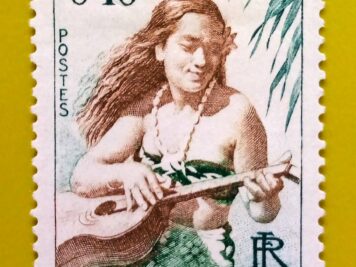 Issue:      France Polynesian Girl Playing Guitar 1958 Stamp Type:      Stamp Number of Stamps:        1 Denominations:          0.10 F, Issue Date:         1958 Issued By:     France post 