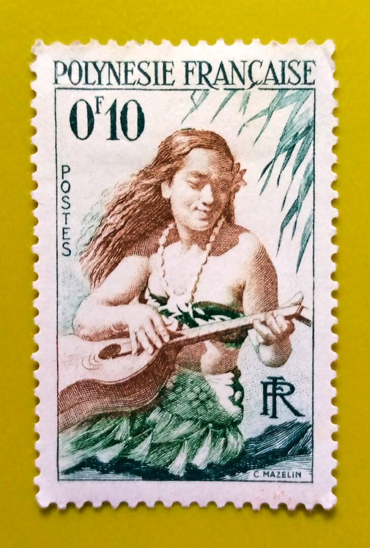 Issue:      France Polynesian Girl Playing Guitar 1958 Stamp Type:      Stamp Number of Stamps:        1 Denominations:          0.10 F, Issue Date:         1958 Issued By:     France post 