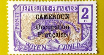 Issue:      France Occupation of Cameroon Moyen Congo Leopard 1916 Stamp Type:     Stamp Number of Stamps:        1  Denominations:        2 C, Issue Date:        1916 Issued By:      France post 