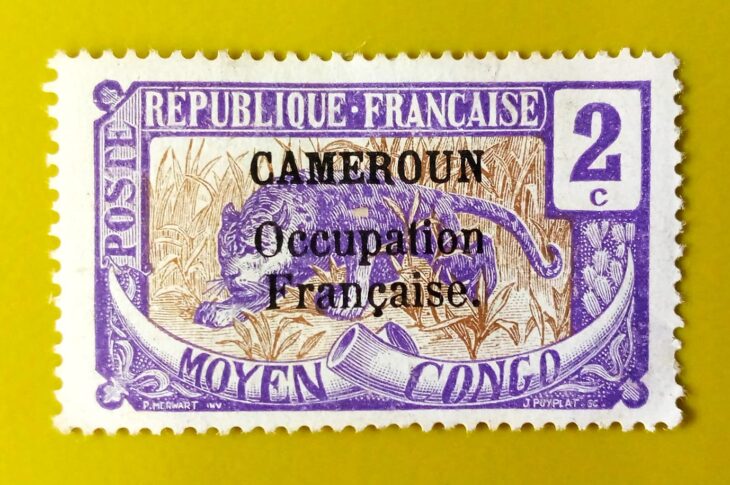 Issue:      France Occupation of Cameroon Moyen Congo Leopard 1916 Stamp Type:     Stamp Number of Stamps:        1  Denominations:        2 C, Issue Date:        1916 Issued By:      France post 