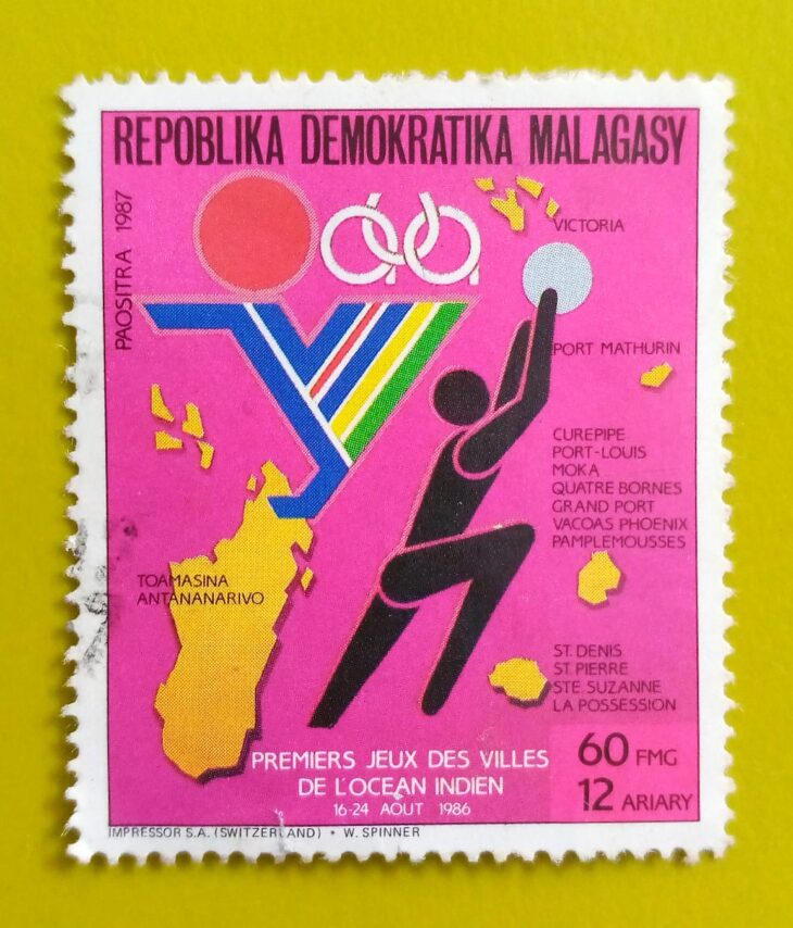 Issue:        Madagascar Democratic Republic First Indian Ocean Cities Games 1987 Stamp Type:         Stamp Number of Stamps:         3 Denominations:           60 FMG, Issue Date:           1987 Issued By:       Madagascar Post 