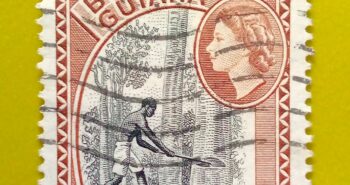 Issue:          British Guiana (Guyana) Felling Greenheart 1954 Stamp Type:        Stamp Number of Stamps:        1 Stamps Denomination:         12 c, Issue Date:         1954 Issued By:       British Guiana (British Colony, now Guyana)