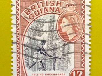 Issue:          British Guiana (Guyana) Felling Greenheart 1954 Stamp Type:        Stamp Number of Stamps:        1 Stamps Denomination:         12 c, Issue Date:         1954 Issued By:       British Guiana (British Colony, now Guyana)