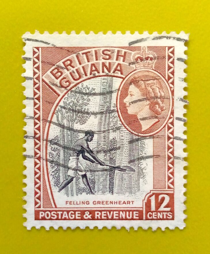 Issue:          British Guiana (Guyana) Felling Greenheart 1954 Stamp Type:        Stamp Number of Stamps:        1 Stamps Denomination:         12 c, Issue Date:         1954 Issued By:       British Guiana (British Colony, now Guyana)