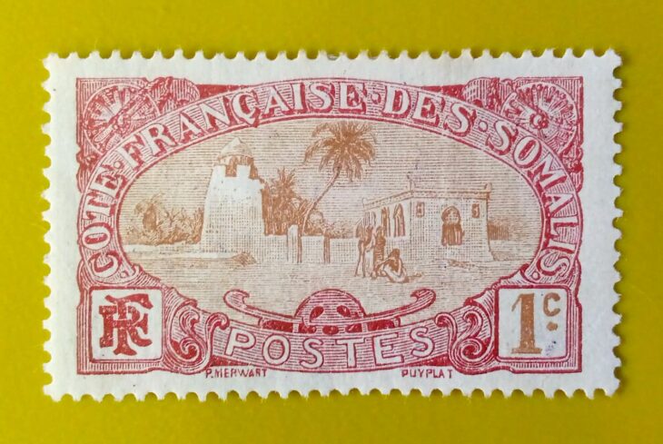 Issue:     French Somaliland Mosque of Tadjourah 1c 1909 Stamp Type:     Stamp Number of Stamps:       1 Denominations:         1C, Issue Date:       1909 Issued By:      France post