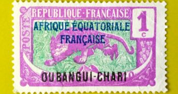Issue:      France Equatorial Africa Oubangui-Chari Leopard 1922 Stamp Type:     Stamp Number of Stamps:        1 Denominations:        1 C, Issue Date:        1922 Issued By:      France post 