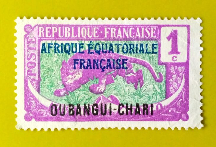 Issue:      France Equatorial Africa Oubangui-Chari Leopard 1922 Stamp Type:     Stamp Number of Stamps:        1 Denominations:        1 C, Issue Date:        1922 Issued By:      France post 