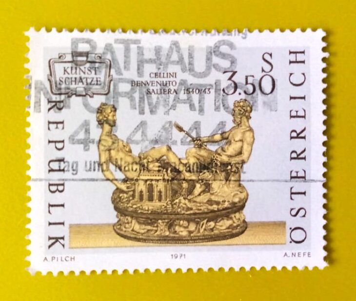 Issue:      Austria Cellini Salt Cellar 1971 Stamp Type:      Stamp Number of Stamps:        1 Stamps Denomination:         3.50 S, Issue Date:         1971 Issued By:      Austria Post