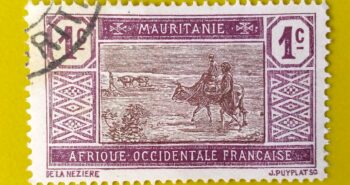Issue:          Mauritania French West Africa Crossing Desert 1c 1913  Stamp Type:     Stamp Number of Stamps:          1        Stamps Denomination:        1c, Issue Date:          1913 Issued By:      Mauritania Post