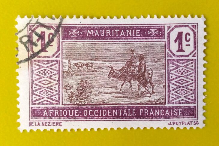 Issue:          Mauritania French West Africa Crossing Desert 1c 1913  Stamp Type:     Stamp Number of Stamps:          1        Stamps Denomination:        1c, Issue Date:          1913 Issued By:      Mauritania Post