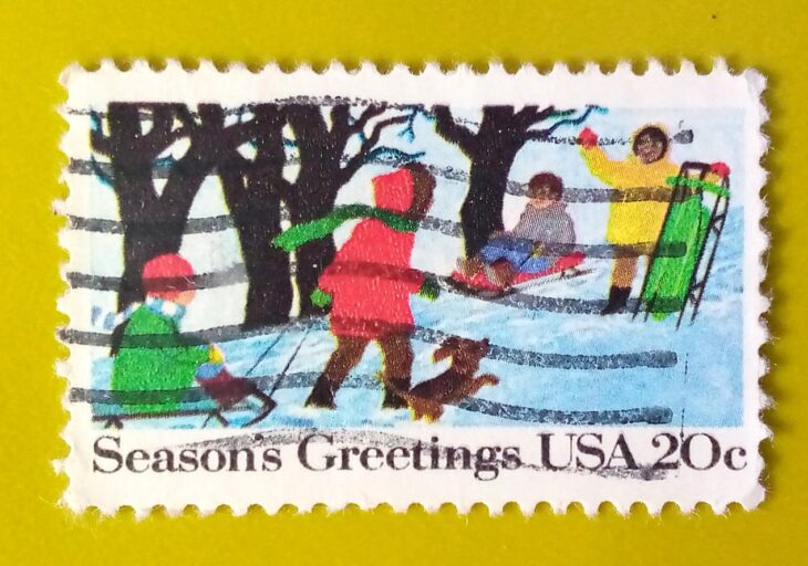 Issue:        USA Season Greetings 1982 Stamp Type:       Stamp Number of Stamps:         1 Stamps Denomination:         20 C,  Issue Date:         1982 Issued By:       United States Postal Service (USPS)