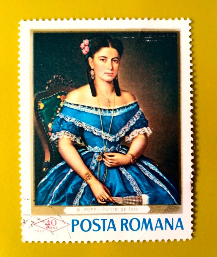 Issue:       Romania Mișu Popp (Painter) Portrait of a Woman 1968 Stamp Type:        Stamp Number of Stamps:         1 Stamps Denomination:        40 bani, Issue Date:       1968 Issued By:      Romania Post 