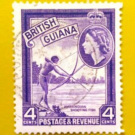 Issue:          British Guiana (Guyana) Queen Elizabeth II Amerindian Shooting Fish 1954 Stamp Type:        Stamp Number of Stamps:        1 Stamps Denomination:         4 c, Issue Date:         1954 Issued By:       British Guiana (British Colony, now Guyana)