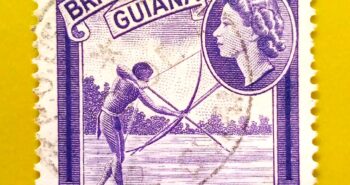 Issue:          British Guiana (Guyana) Queen Elizabeth II Amerindian Shooting Fish 1954 Stamp Type:        Stamp Number of Stamps:        1 Stamps Denomination:         4 c, Issue Date:         1954 Issued By:       British Guiana (British Colony, now Guyana)
