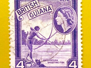 Issue:          British Guiana (Guyana) Queen Elizabeth II Amerindian Shooting Fish 1954 Stamp Type:        Stamp Number of Stamps:        1 Stamps Denomination:         4 c, Issue Date:         1954 Issued By:       British Guiana (British Colony, now Guyana)