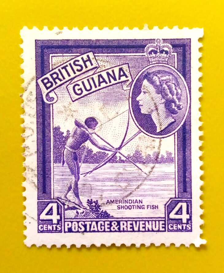 Issue:          British Guiana (Guyana) Queen Elizabeth II Amerindian Shooting Fish 1954 Stamp Type:        Stamp Number of Stamps:        1 Stamps Denomination:         4 c, Issue Date:         1954 Issued By:       British Guiana (British Colony, now Guyana)
