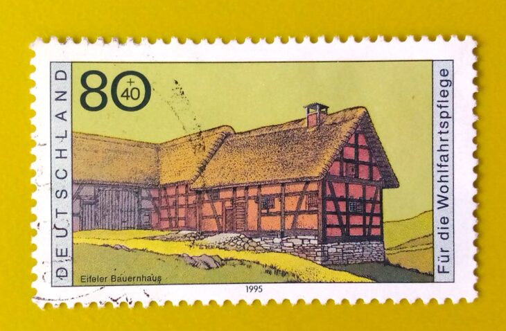 Issue:         Germany Eifel Farmhouse For Welfare 1995 Stamp Type:        Stamp Number of Stamps:        1 Denominations:         80+40 pf, Issue Date:          1995 Issued By:        Germany Deutsche Post ( Deutschland ) 