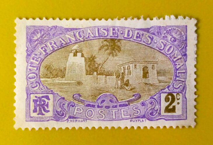 Issue:       French Somaliland Mosque of Tadjourah 2c 1909 Stamp Type:      Stamp Number of Stamps:        1 Denominations:         2c, Issue Date:        1909 Issued By:      France post 