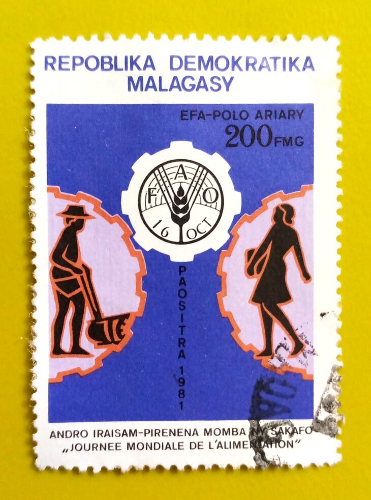 Issue:        Madagascar Democratic Republic World Food Day 1981 Stamp Type:         Stamp Number of Stamps:         5 Denominations:           200 FMG, Issue Date:           1981 Issued By:       Madagascar Post 