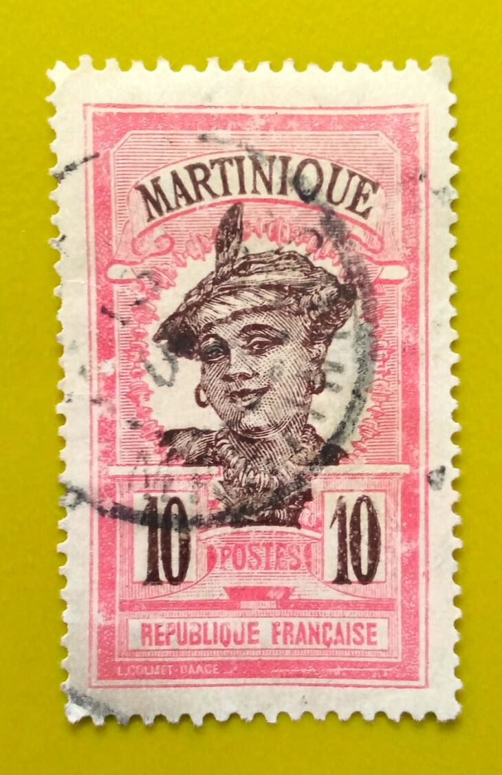 Issue:      France Colony Series 10c Martinique Women 1908 Stamp Type:      Stamp Number of Stamps:        1 Denominations:         10 C, Issue Date:        1908 Issued By:      France post 
