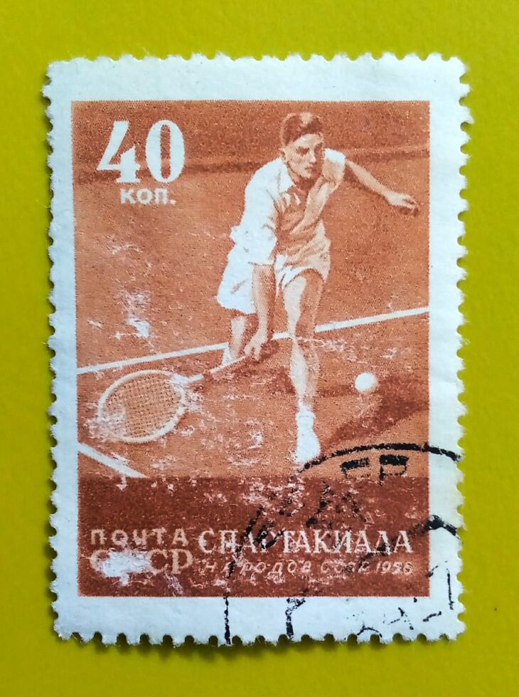 Issue:      Russia Soviet Union Tennis 1956 Stamp Type:       Stamp Number of Stamps:           1 Stamps Denomination:          40 K, Issue Date:          1956 Issued By:        Russia POST 