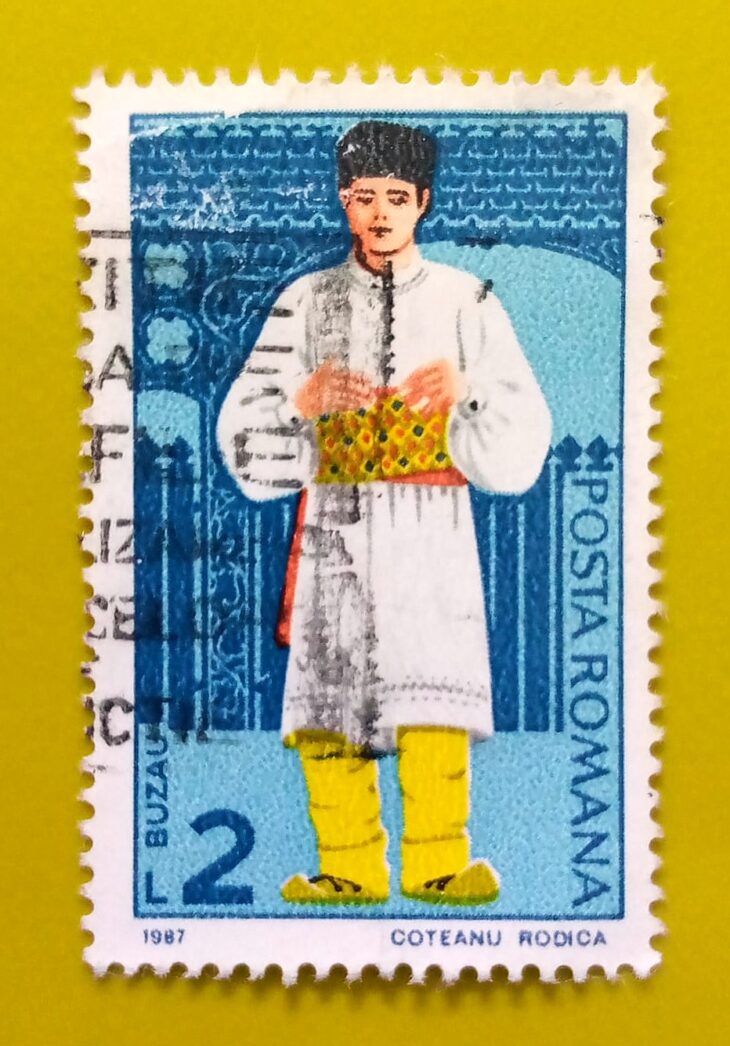 Issue:       Romania Man Costume 1987 Stamp Type:        Stamp Number of Stamps:         1 Stamps Denomination:        2 L, Issue Date:          1987 Issued By:      Romania Post 