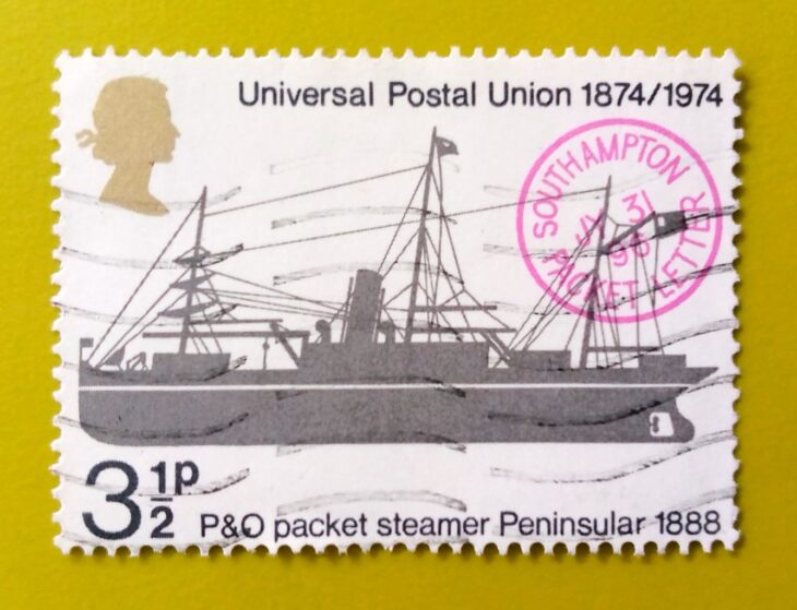 Issue:         Great Britain Universal Postal Union 1974 Stamp Type:         Stamp Number of Stamps:          1 Stamps Denomination:           3  1/2 ​​ p, Issue Date:          1974 Issued By:         Royal Mail, United Kingdom 