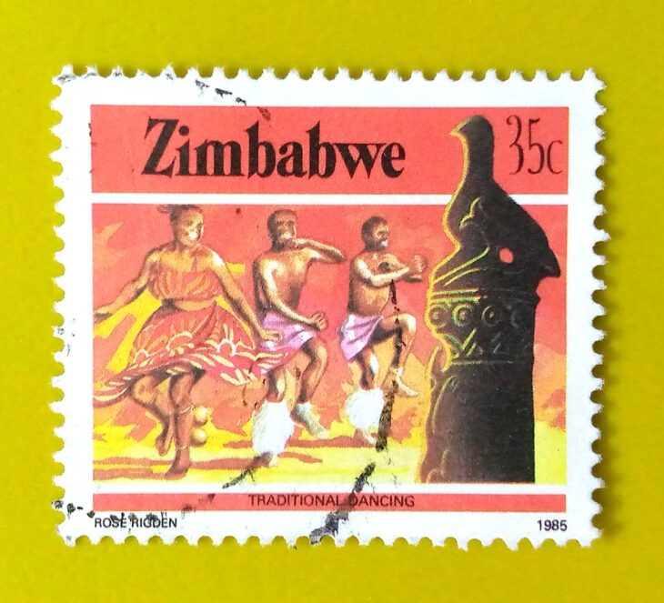 Issue:      Zimbabwe 35c Traditional Dancing 1985 Stamp Type:     Stamp Number of Stamps:       1 Denominations:          35 C,   Issue Date:        1985 Issued By:      Zimbabwe Post