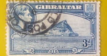 Issue:     Gibraltar Blue 3d 1938 Stamp Type:      Stamp Number of Stamps:        1 Denominations:         3 d, Issue Date:          1938 Issued By:     Gibraltar Post 